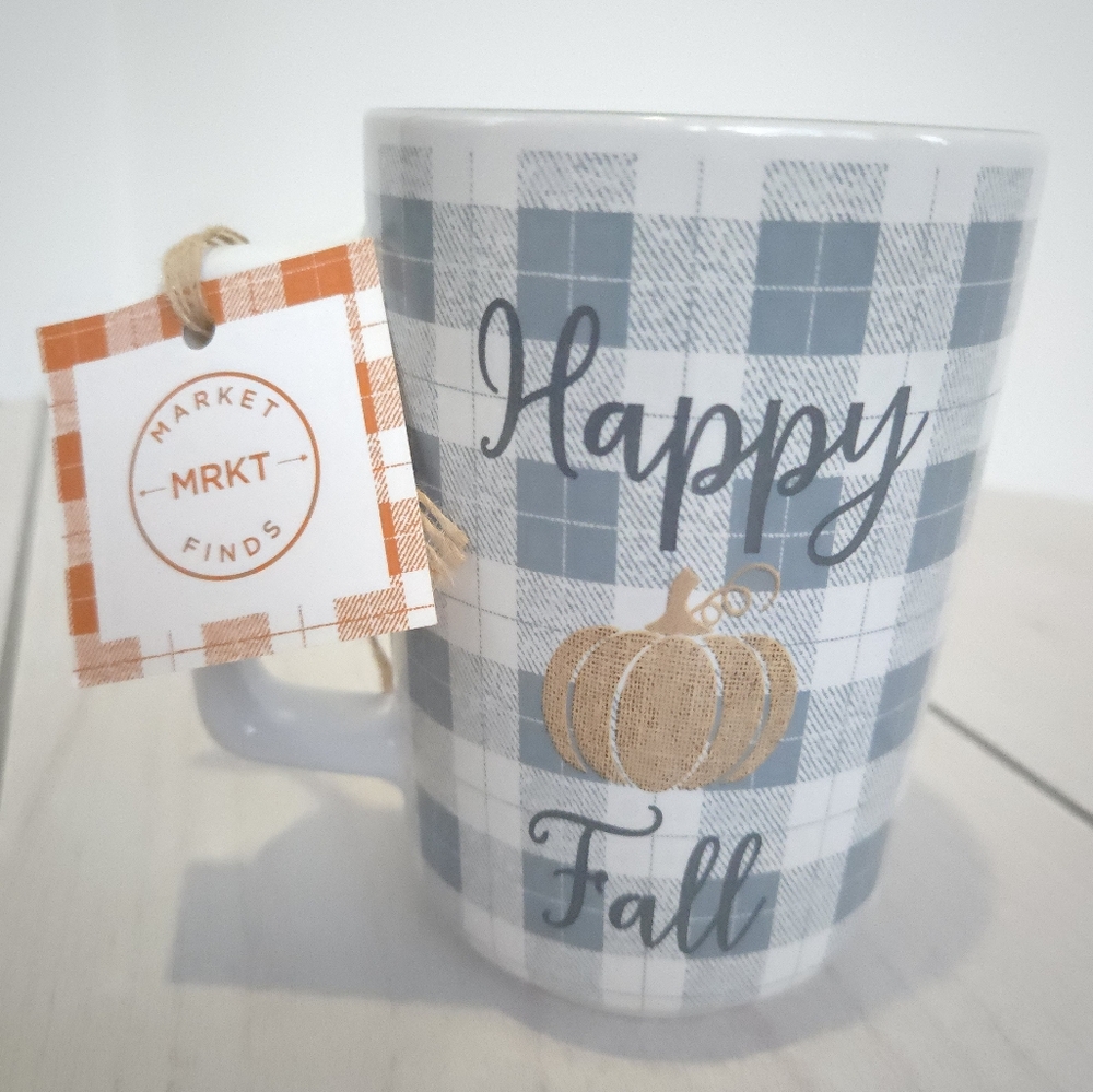 NWT Happy Fall Plaid Tall Coffee Mug Cup